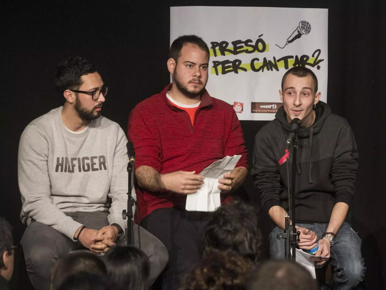 Valtonyc, Pablo Hasél i Elgio en un acte a Sabadell el 2018