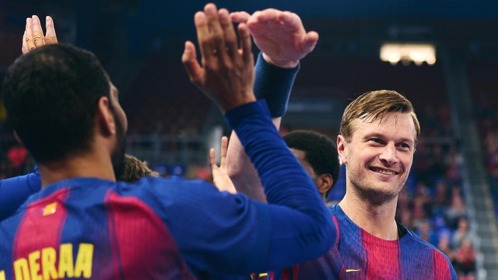 The Barça handball players during a match at the Palau Blaugrana