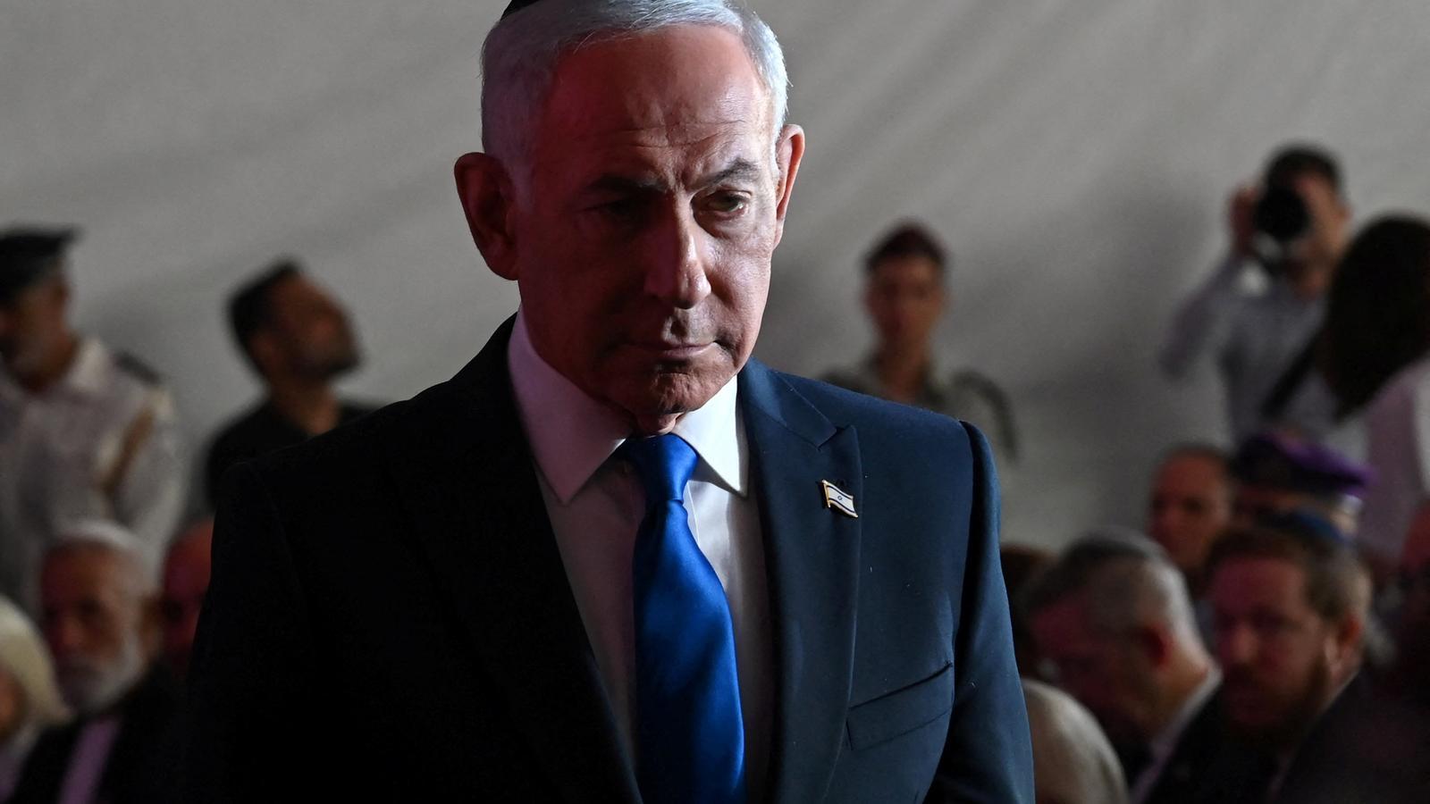 The Israeli prime minister, Benjamin Netanyahu, at the state commemorative ceremony of the third anniversary of the Hamas attacks.