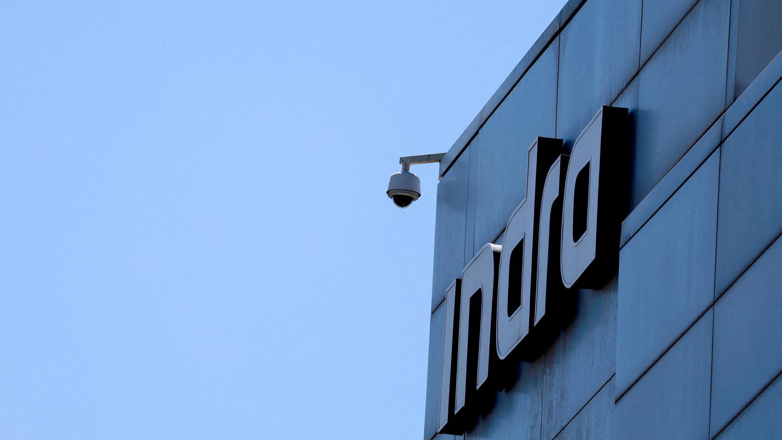 Logo of the Spanish technology company Indra on the facade of its offices in Madrid.