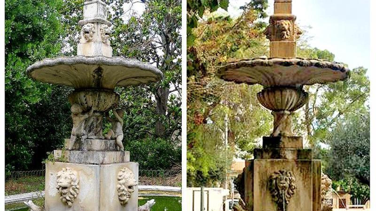 Els brolladors del jardí de Can Canals de Sóller (esquerra) i de la plaça d'Inca varen ser fets amb al mateix motlo, als anys 20 del segle XX.