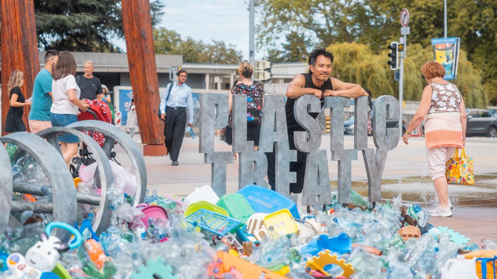 Plastic waste accumulated by activists in front of a statue at the UN headquarters in Geneva, where the Global Plastics Treaty is currently being negotiated.
