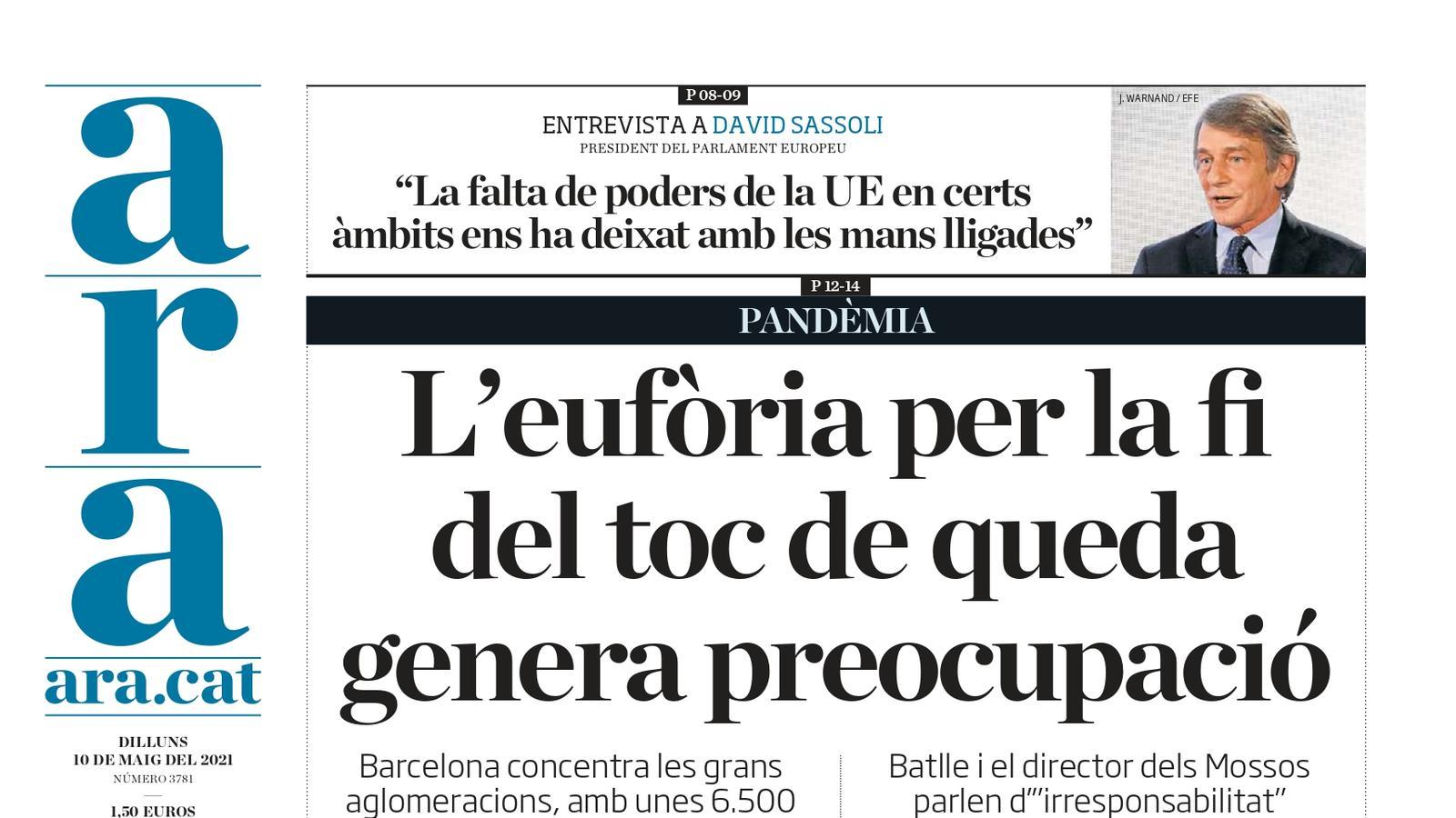La portada de l'ARA del 10 de maig de 2021