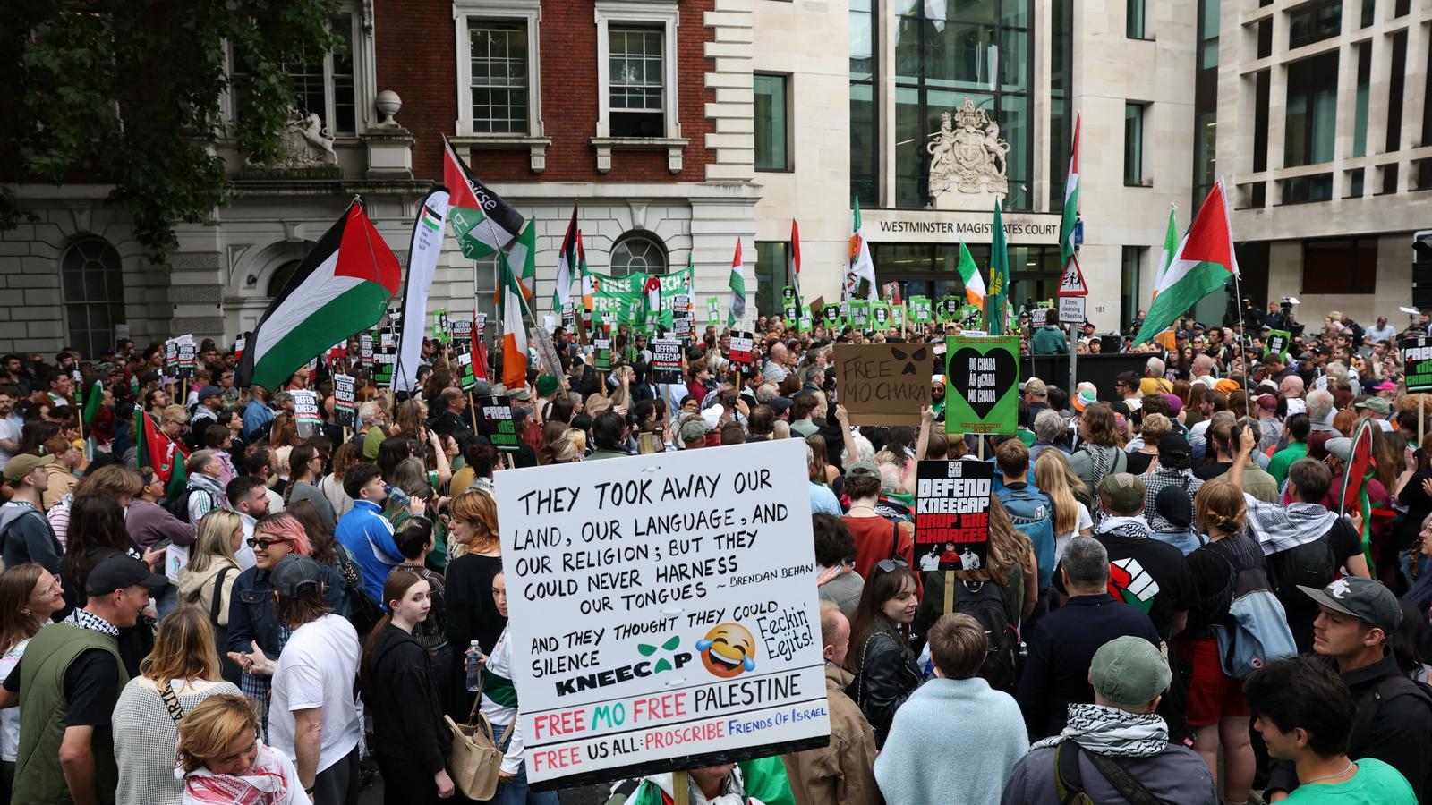 Supporters of Irish rapper Mo Chara outside Westminster Magistrates' Court on Wednesday.