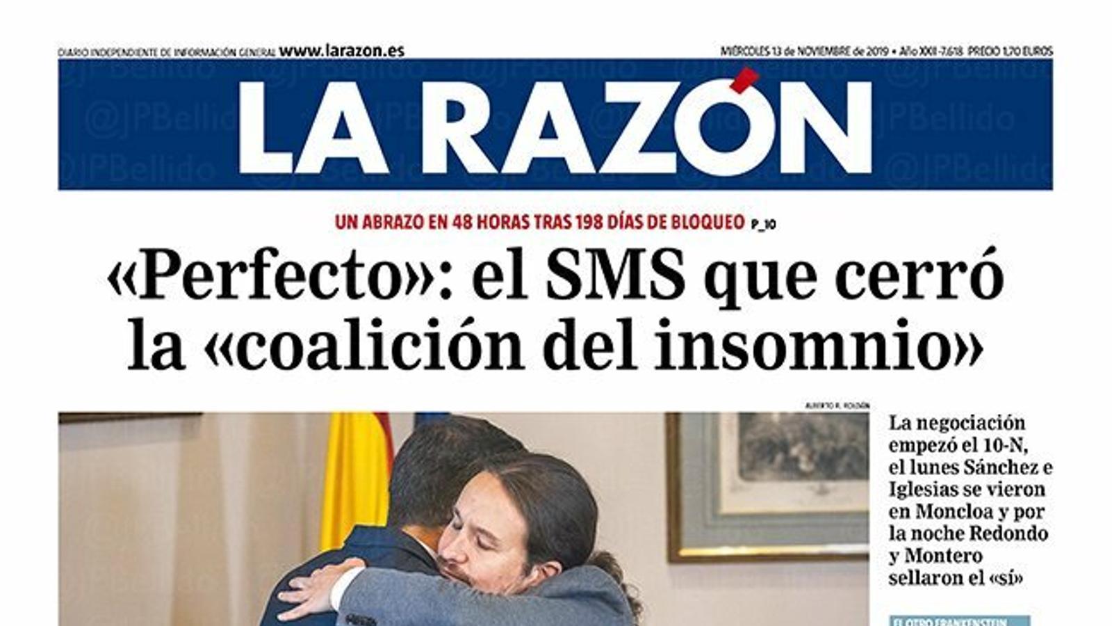 Portada de La Razón, 13 de novembre del 2019