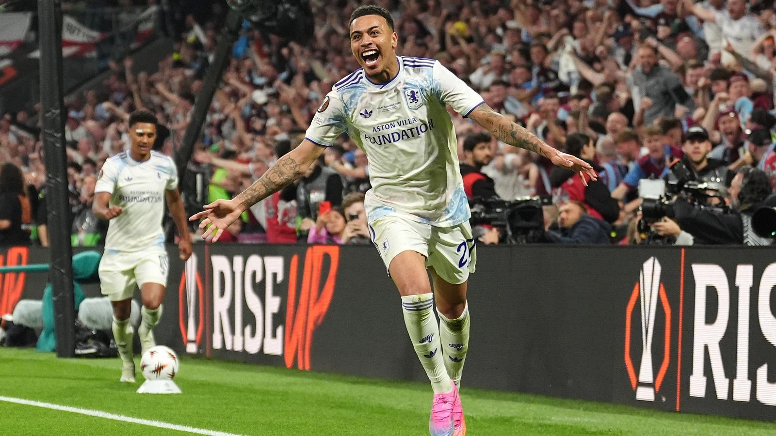 Morgan Rogers celebrates his goal with Aston Villa in the Europa League final