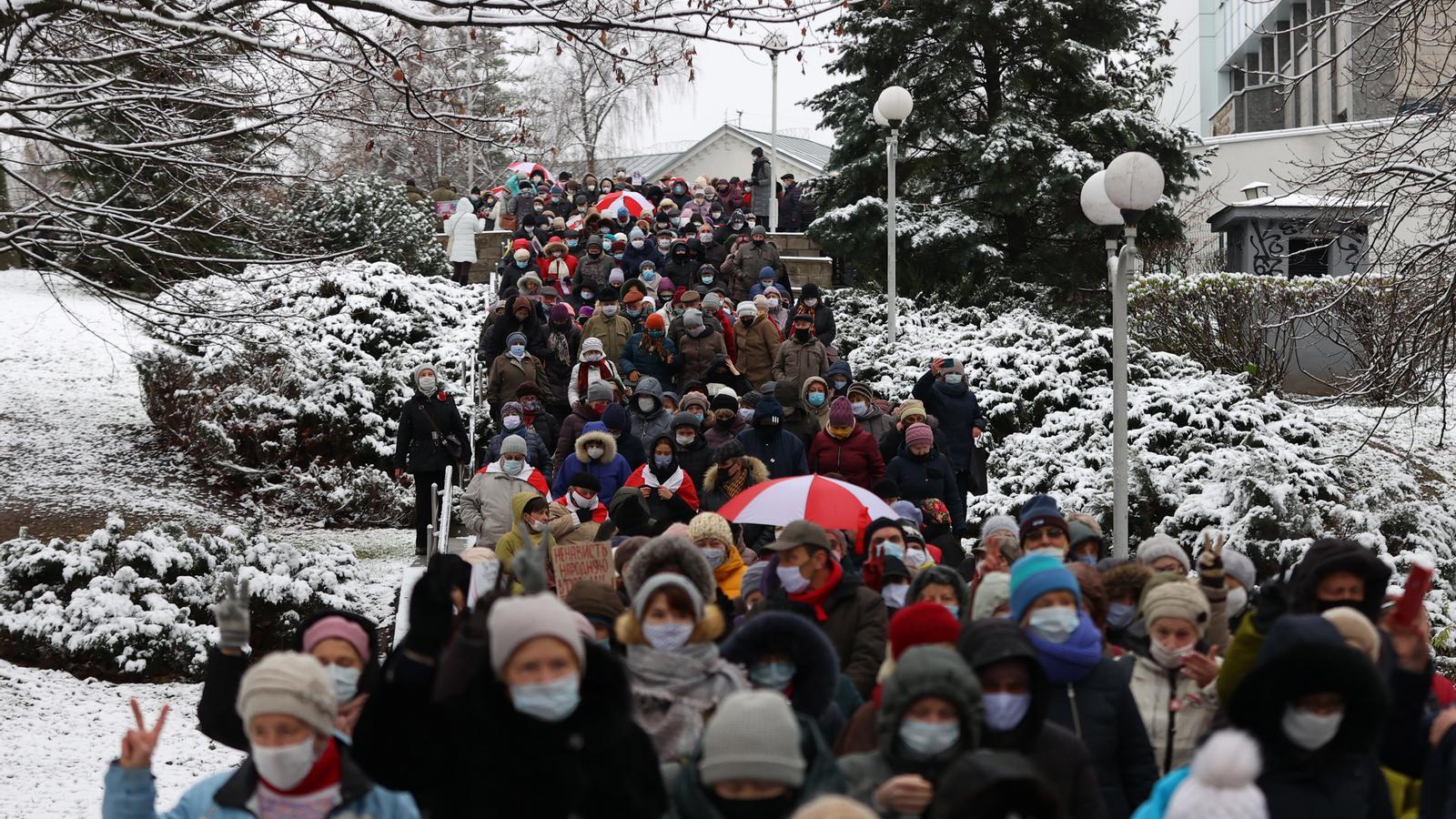 Demonstrators protest on November 30, 2020 in Minsk, Belarus.