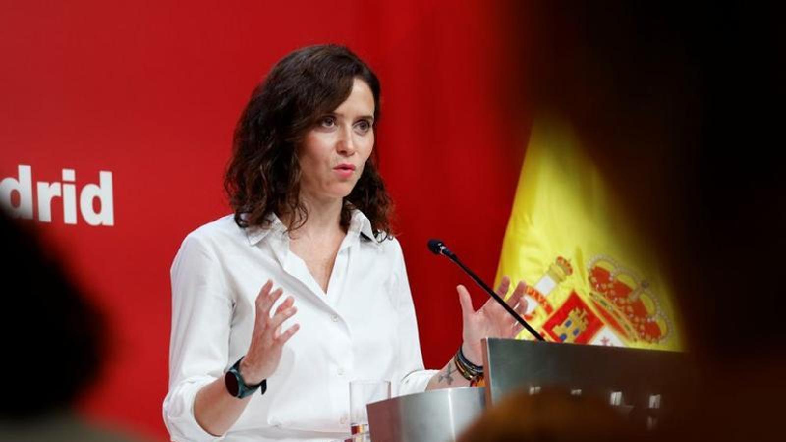 La presidenta de la Comunidad de Madrid, Isabel Díaz Ayuso, durante la rueda de prensa del 29 de julio de 2026.