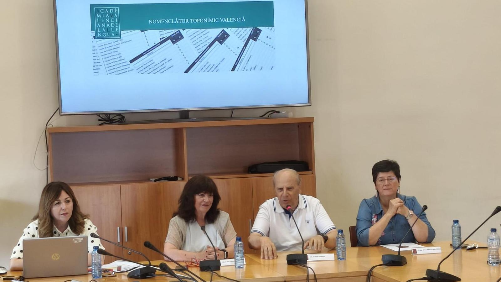 The president of the Valencian Academy of Language, Verònica Cantó, in the center of the image in a press conference.