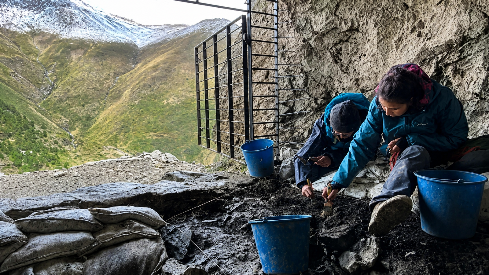 Trabajos de excavación arqueológica en la Cova 338 desde el interior.