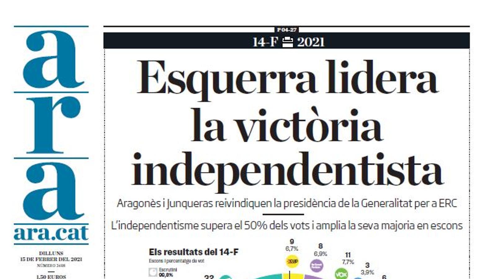 Portada de l'ARA del dilluns 15 de febrer del 2021