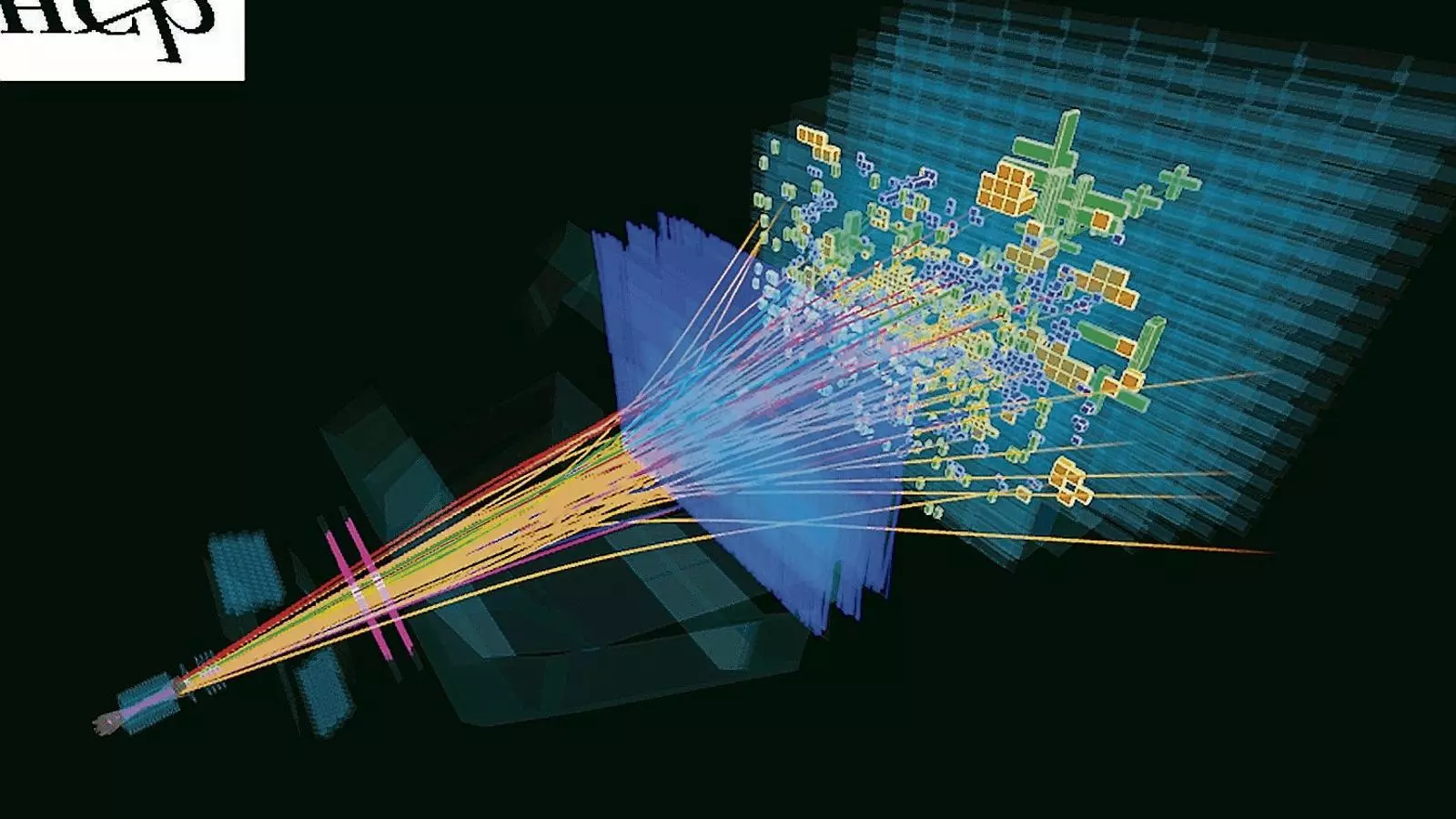 Reconstrucció gràfica de les partícules produïdes en una col·lisió i captades per un detector de l’experiment LHCb.