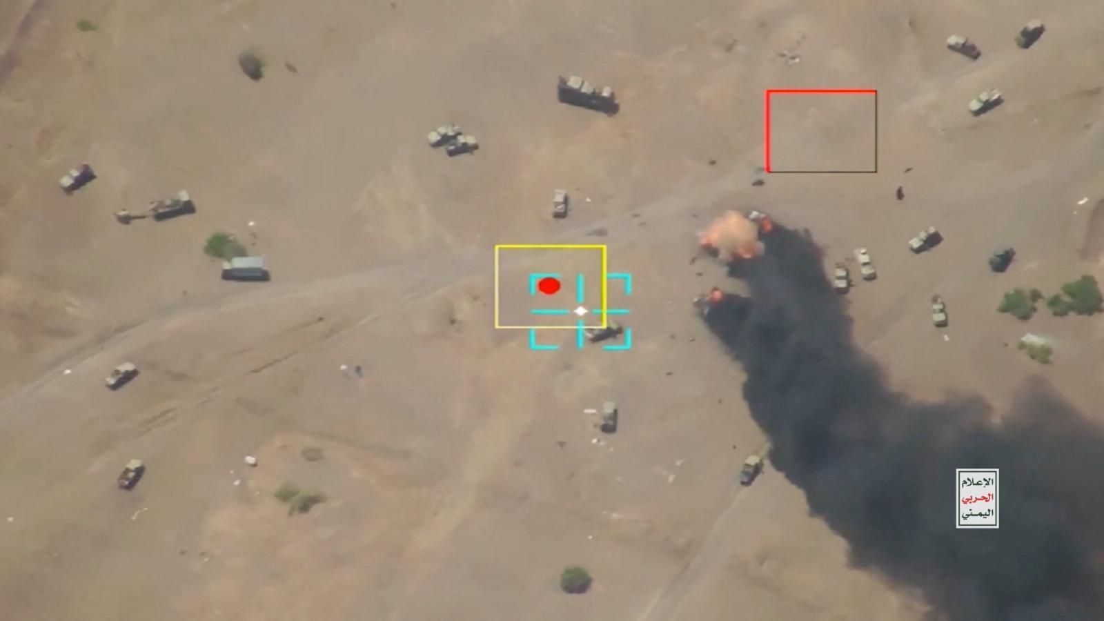 The Houthi army publishes images of drone attacks against vehicles and troops near Al Bahiya, in Yemen, this Monday.