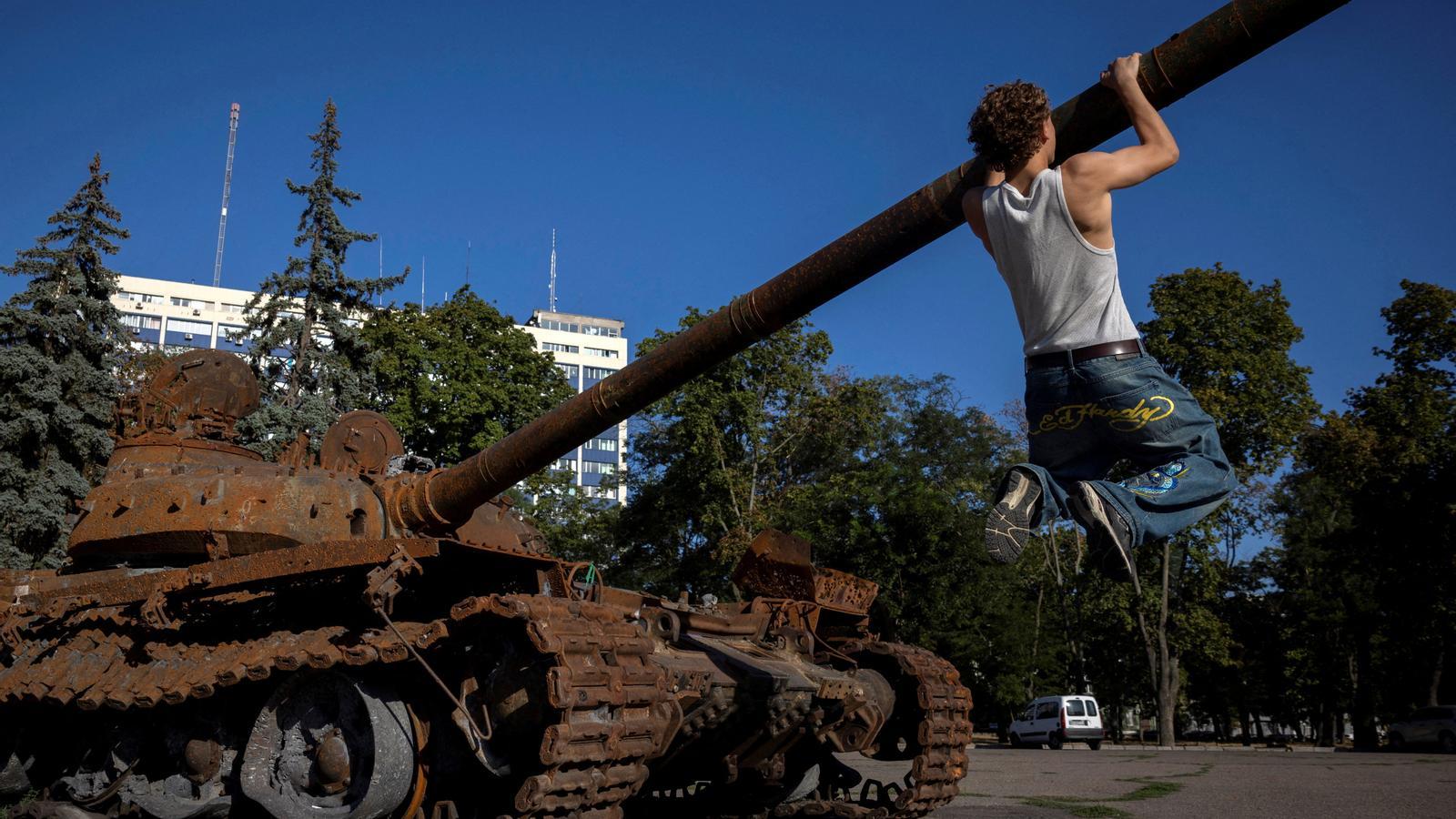 A Russian tank is on display in the port city of Odessa.
