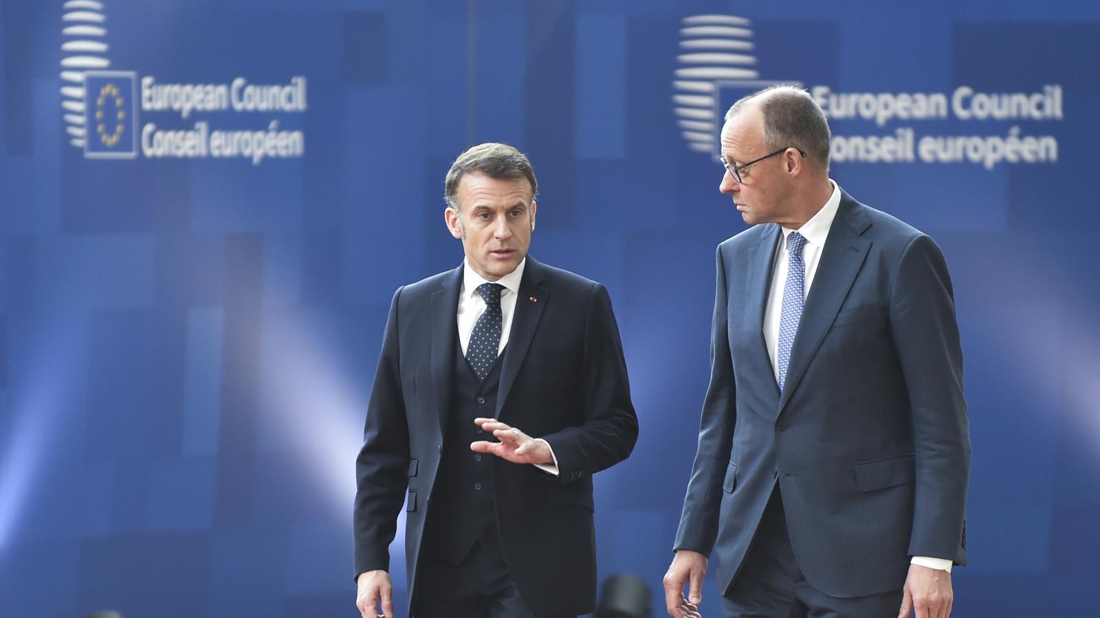 The French president, Emmanuel Macron, and the German chancellor, Friedrich Merz, at a European Council.