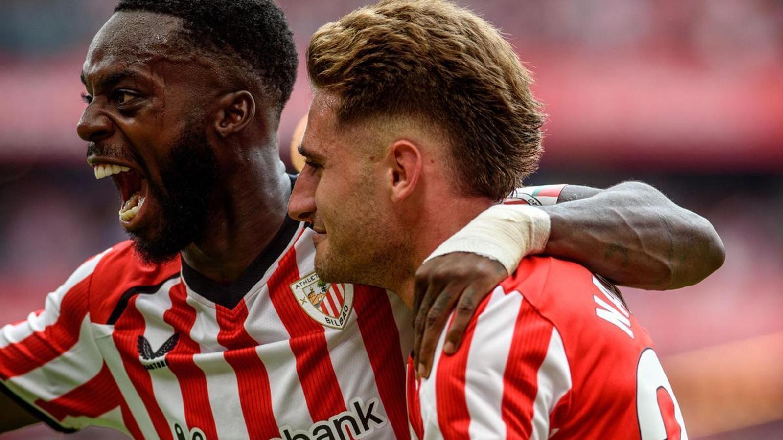 Iñaki Williams and Robert Navarro, celebrating an Athletic goal