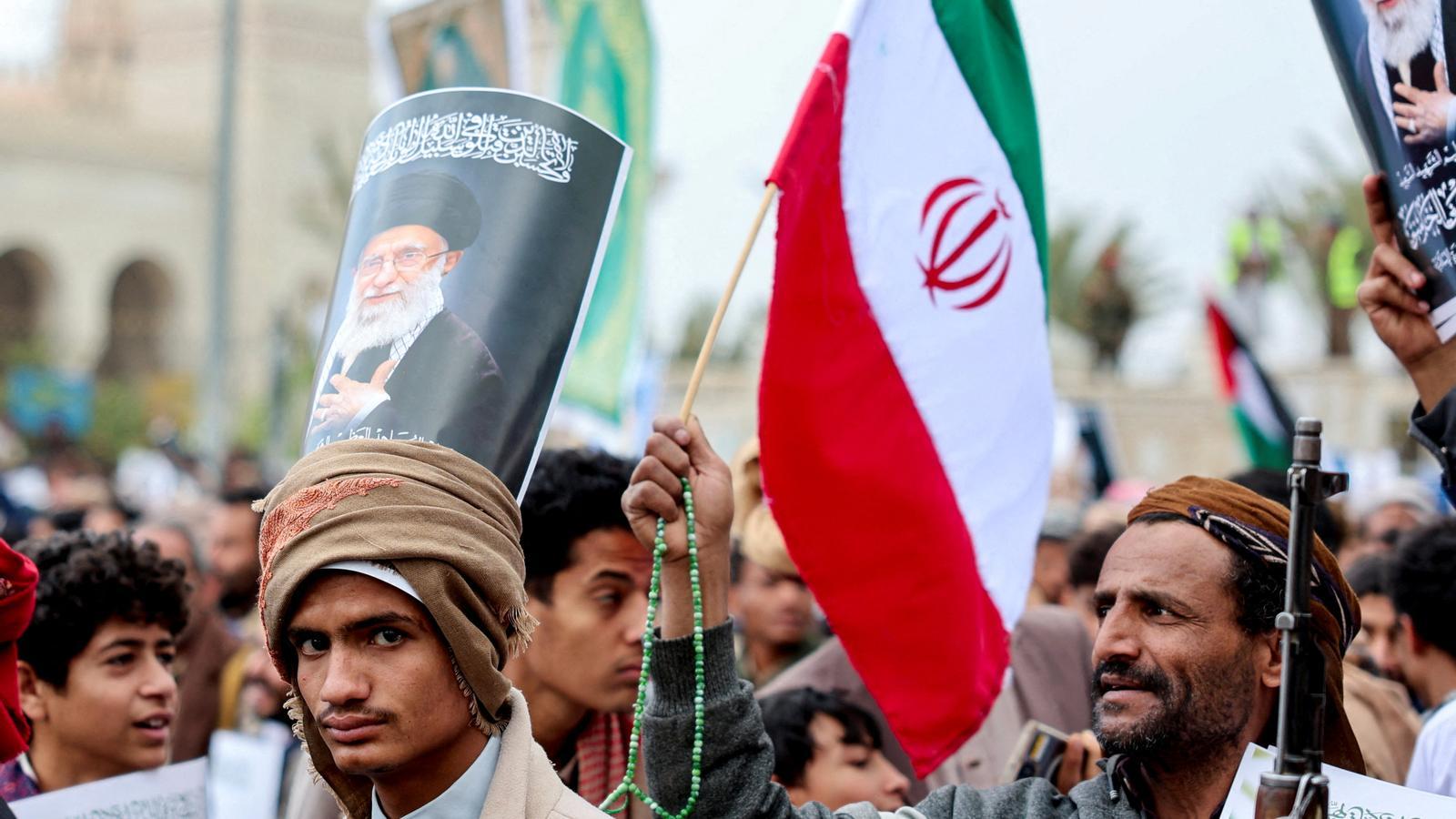 Supporters of the Houthis demonstrate in solidarity with Iran and Lebanon, in Sanaa, Yemen.