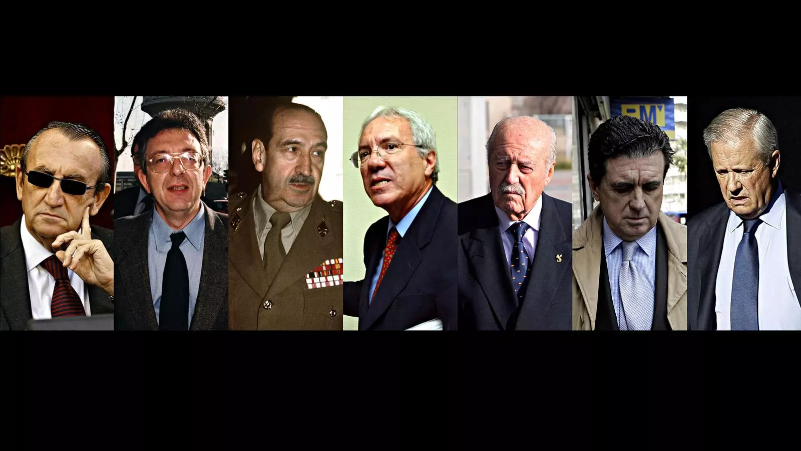 De izquierda a derecha: Carlos Fabra, Carlos Navarro, Alfonso Armada, José Barrionuevo, Antonio Tejero, Jaume Matas y Javier Gómez de Liaño