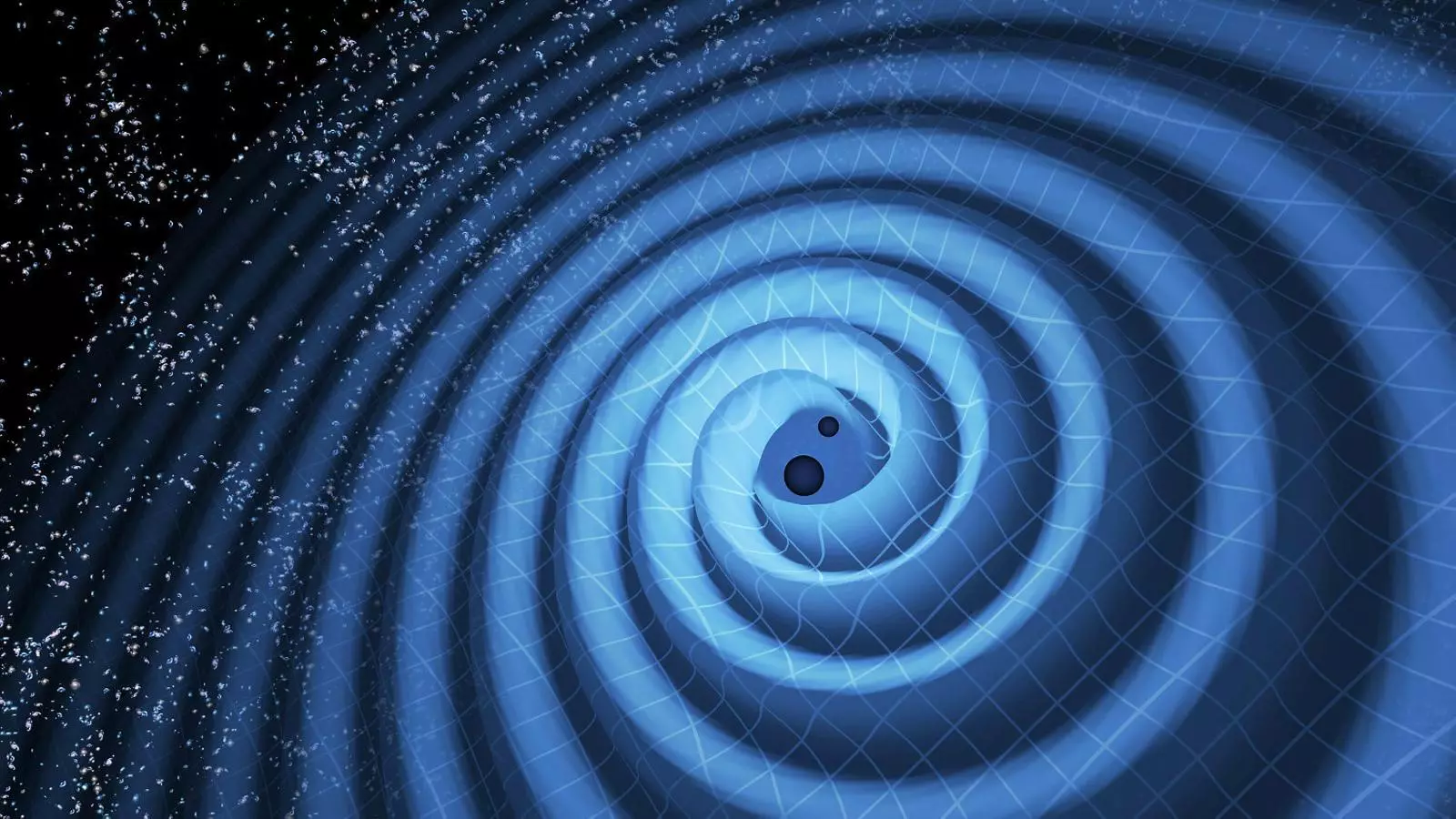 Representació d’ones gravitatòries generades per dos forats negres.