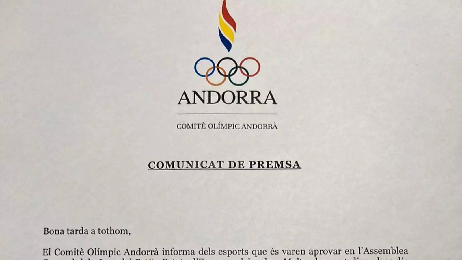 La carta amb la que el COA anuncia els esports que hi haurà als Jocs dels Petits Estats.