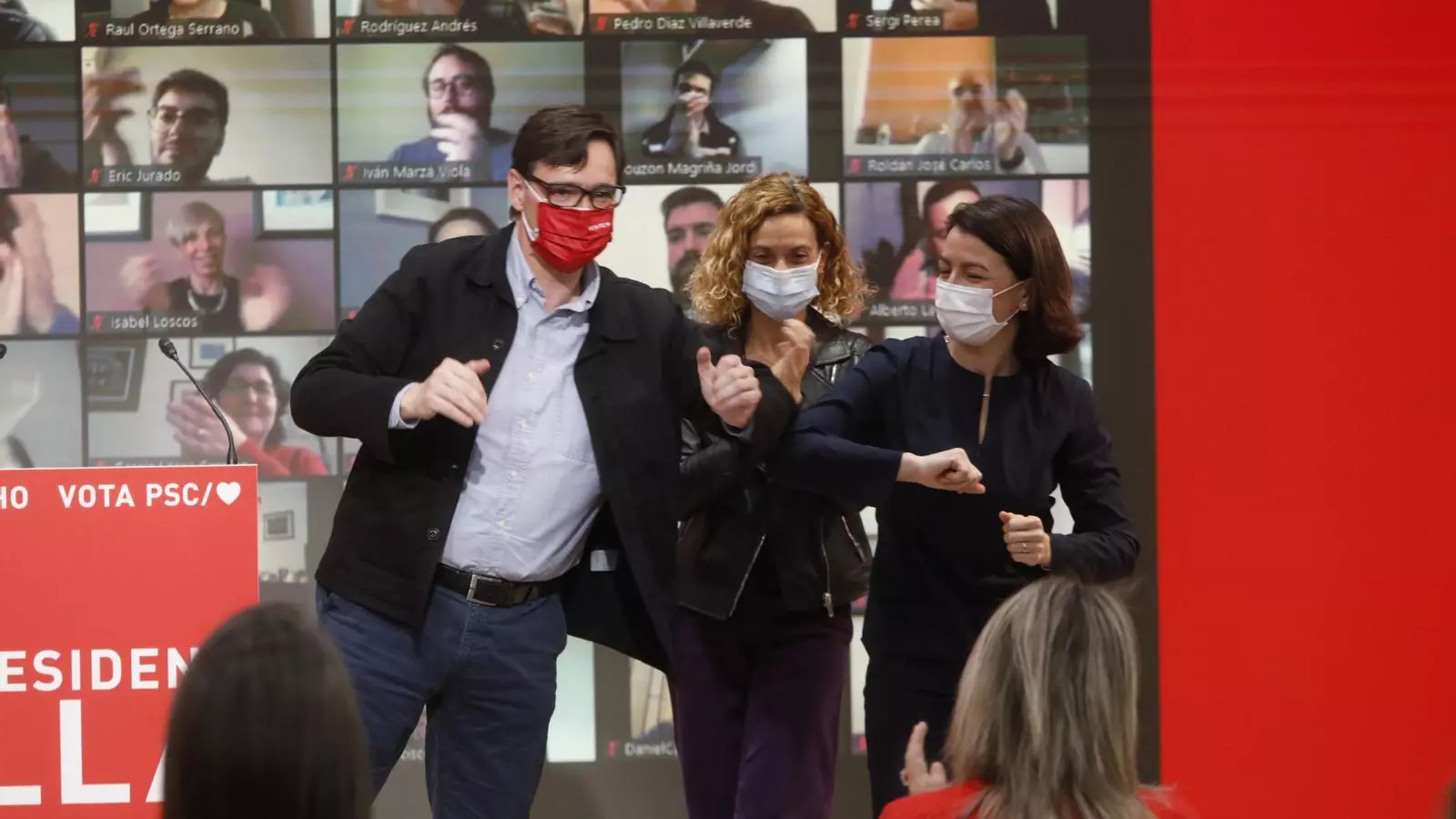 Salvador Illa, Mertixell Batet i Eva Granados en un míting del PSC.