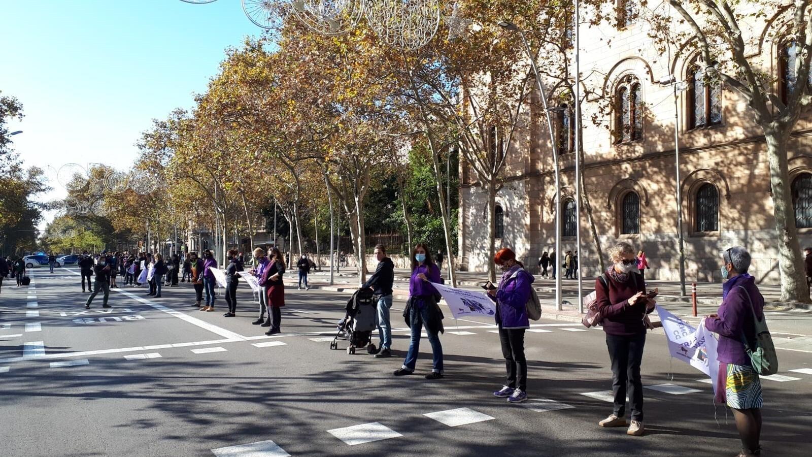 Unes 600 dones formen una cadena humana feminista a la Gran Via de Barcelona pel 25N