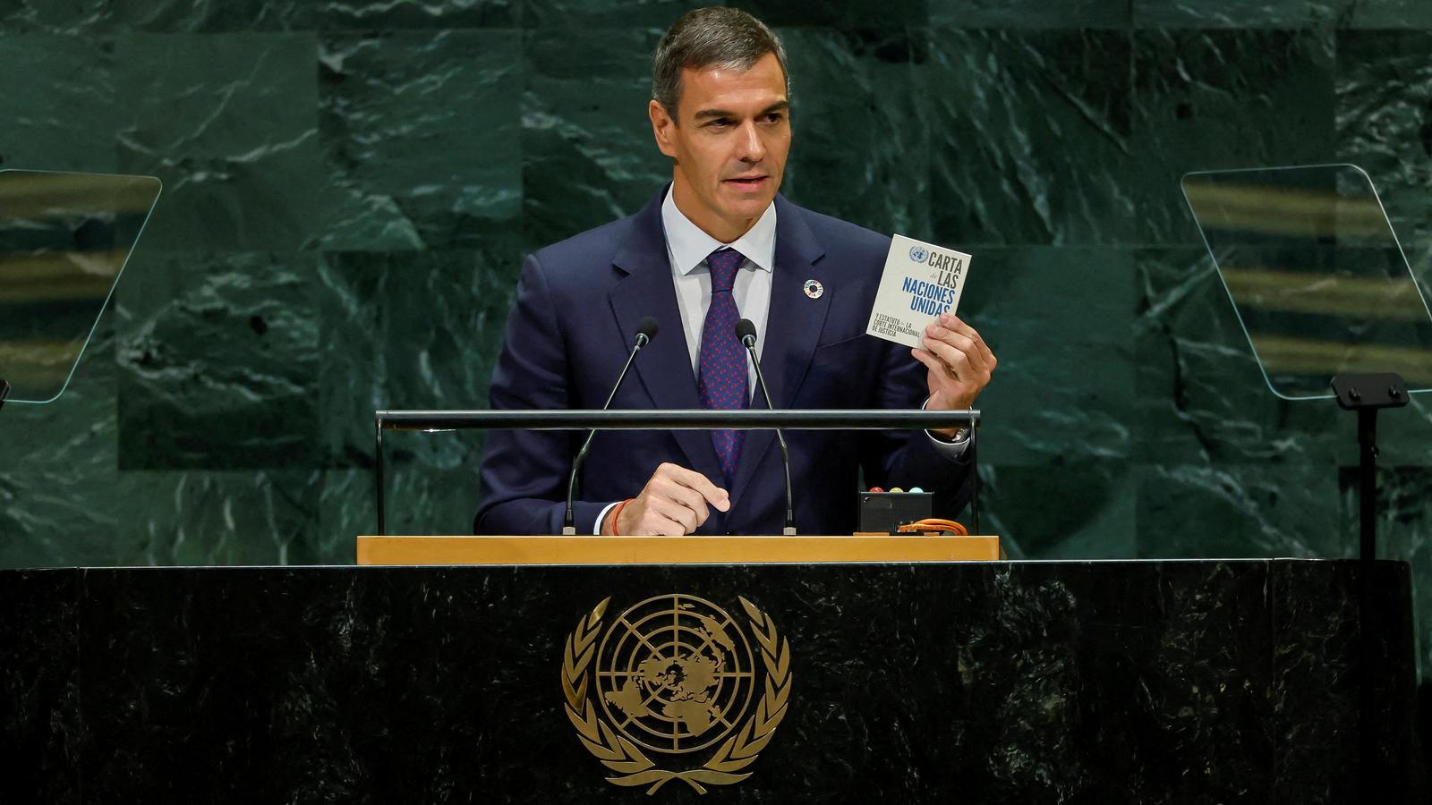 The Spanish president, Pedro Sánchez, during his intervention at the United Nations General Assembly.