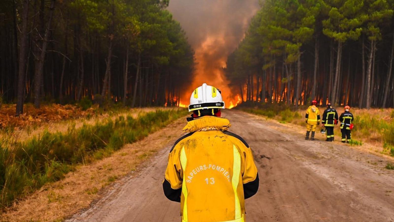 Un bombero mirando uno de los fuegos que quema en Francia.