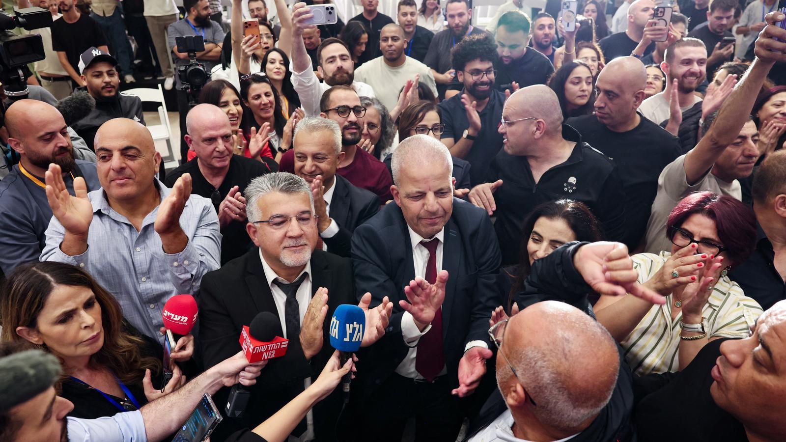 The leaders of the Joint List celebrating the electoral result at their headquarters in Nazareth.