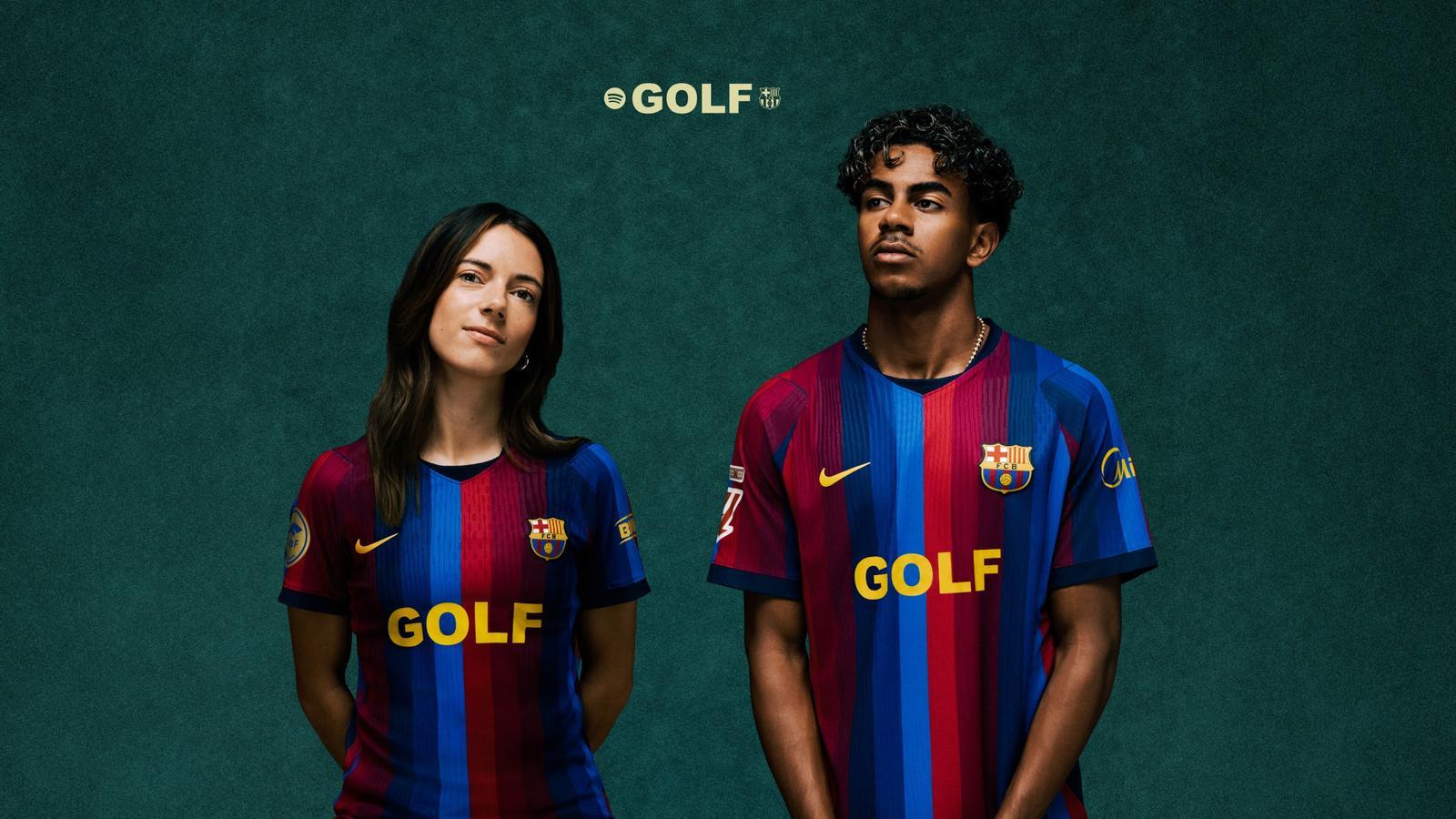 Aitana Bonmatí and Lamine Yamal with the Barça shirt and the GOLF logo