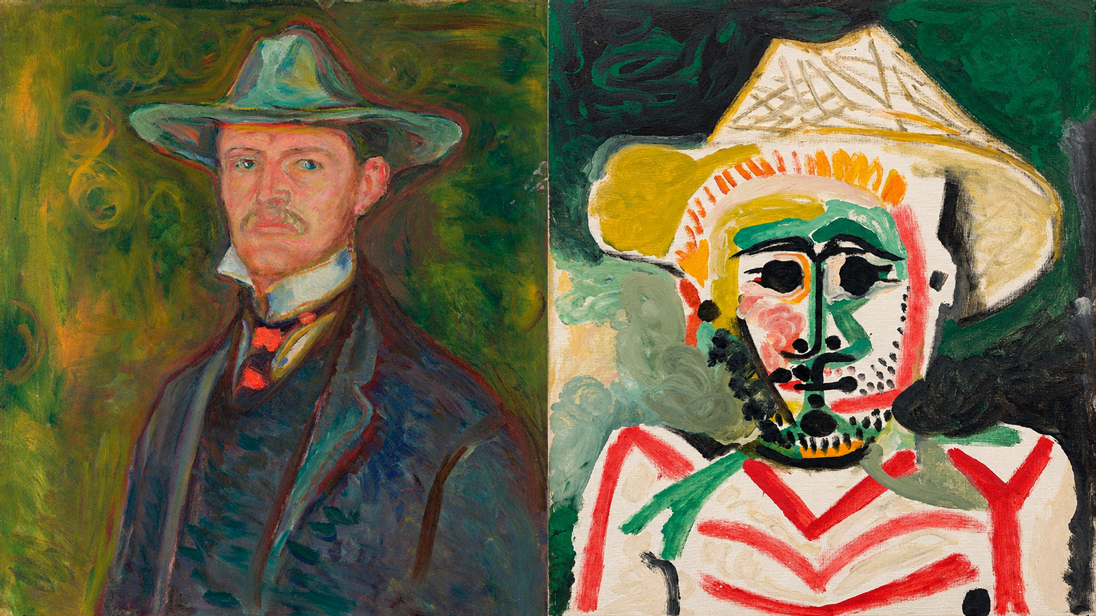 On the left, 'Self-portrait with wide-brimmed hat' (1905–1906), by Edvard Munch. On the right, 'Bust of a man with hat' (1964), by Pablo Picasso