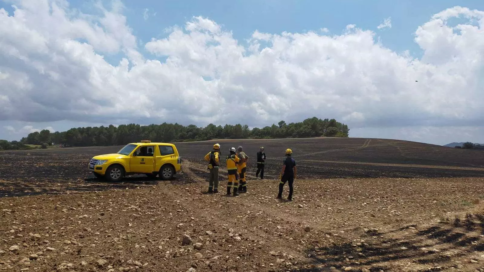 Membres de l'Ibanat i bombers a la zona de l'incendi, avaluant la zona afectada.