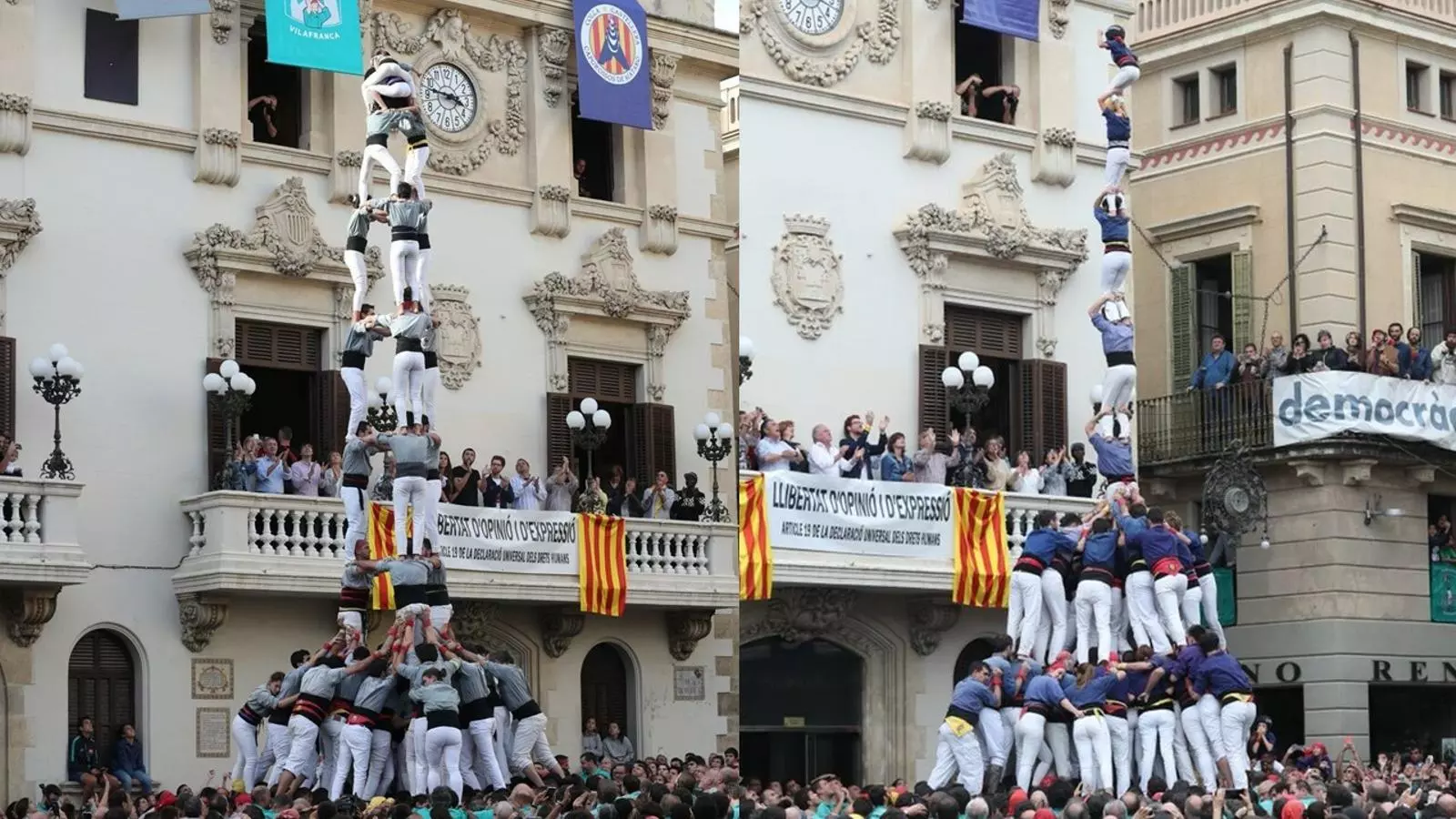 3d9f dels Castellers de Sants a l'esquerra i Pd8fm (c) dels Capgrossos de Mataró a la dreta