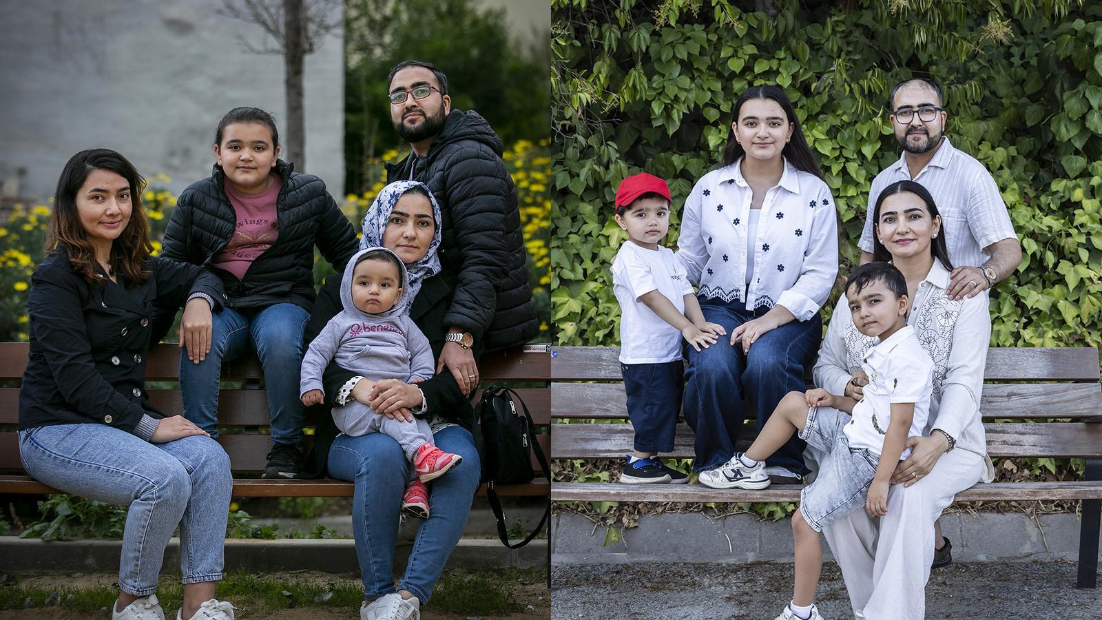 On the left, Anita Rafat with her family, when she arrived in Barcelona in 2021. On the right, currently with her husband and her children.