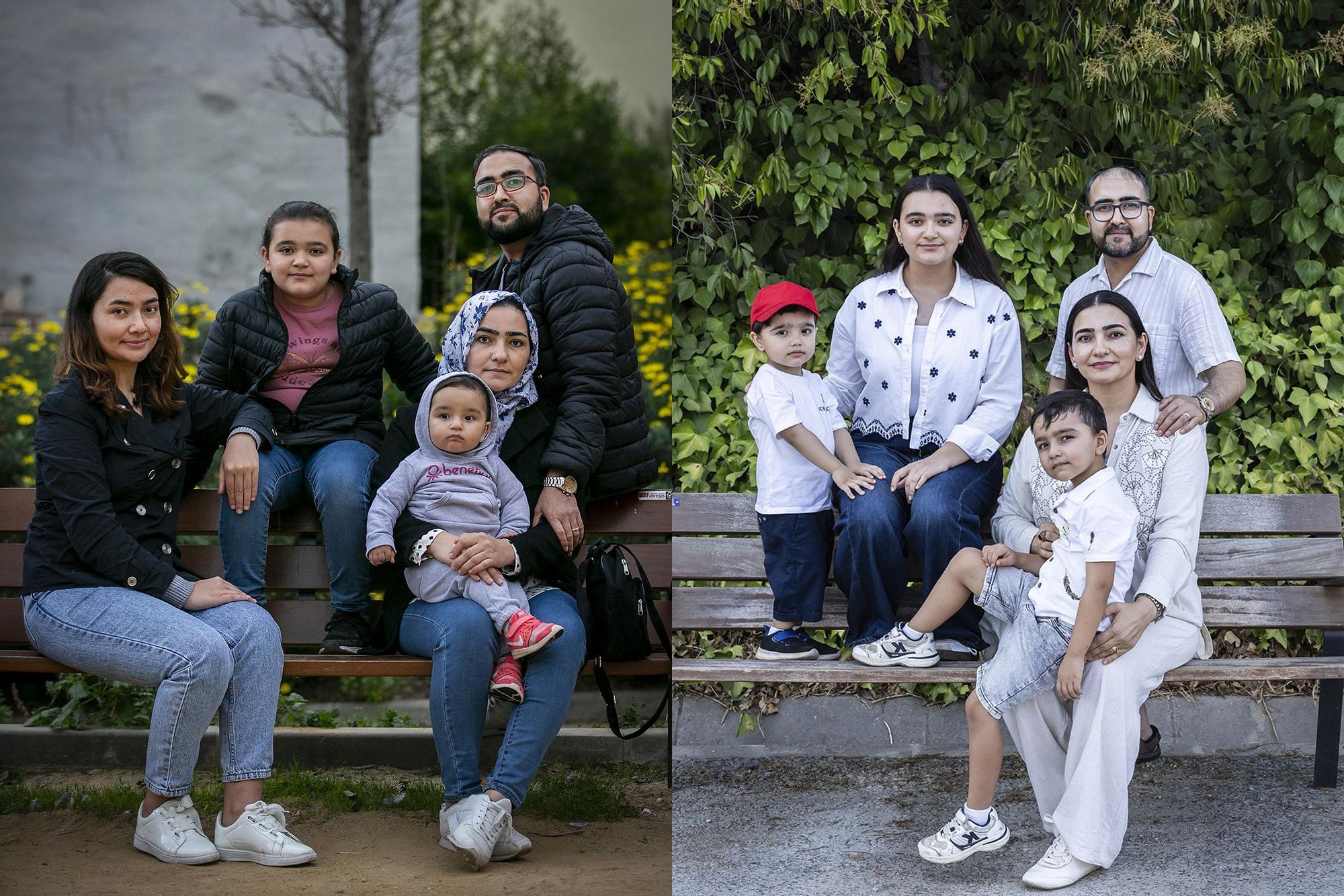 A la izquierda, Anita Rafat con su familia, cuando llegó a Barcelona en 2021. A la derecha, en la actualidad con su marido y sus hijos.