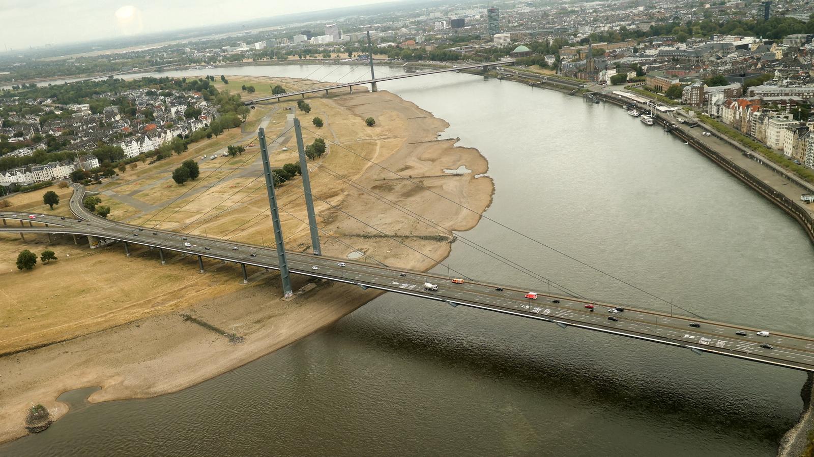 The city of Düsseldorf during the long drought that has left the Rhine River at almost record low levels, interrupting German industries.