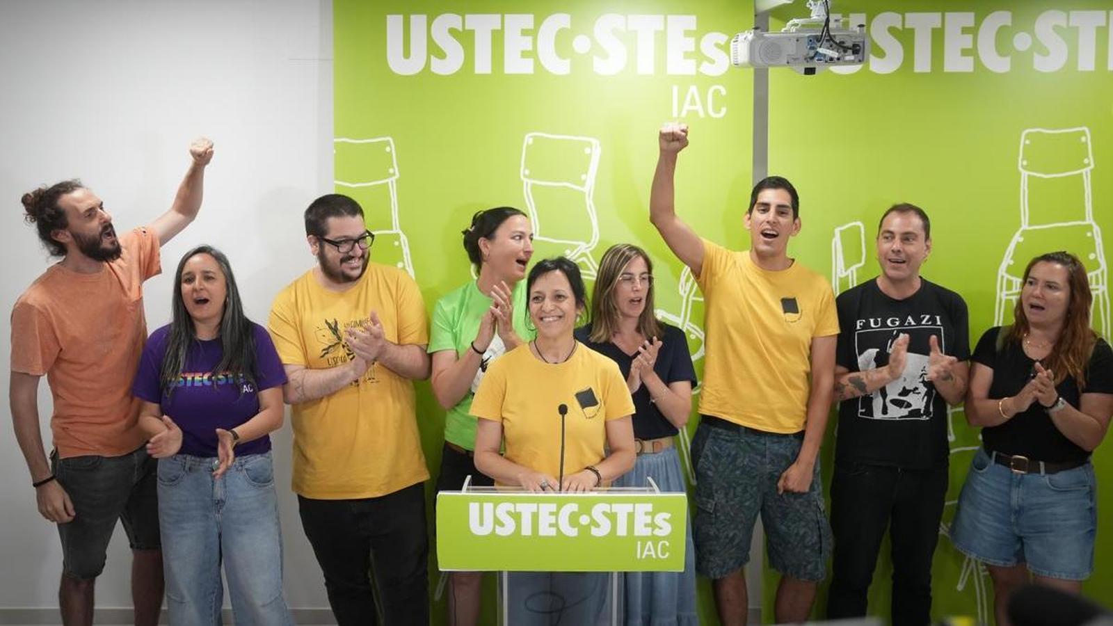 The spokesperson for USTEC, Iolanda Segura, during a press conference, on June 4, 2026, in Barcelona, Catalonia (Spain).
