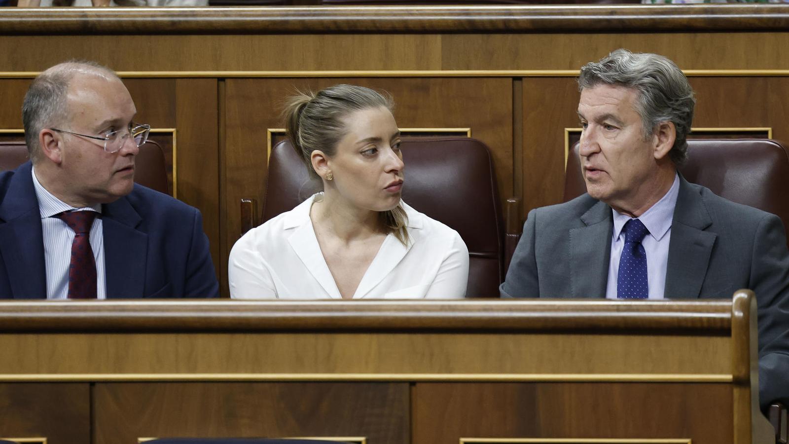 Alberto Núñez Feijóo, Ester Muñoz y Miguel Tellado durante un pleno del Congreso