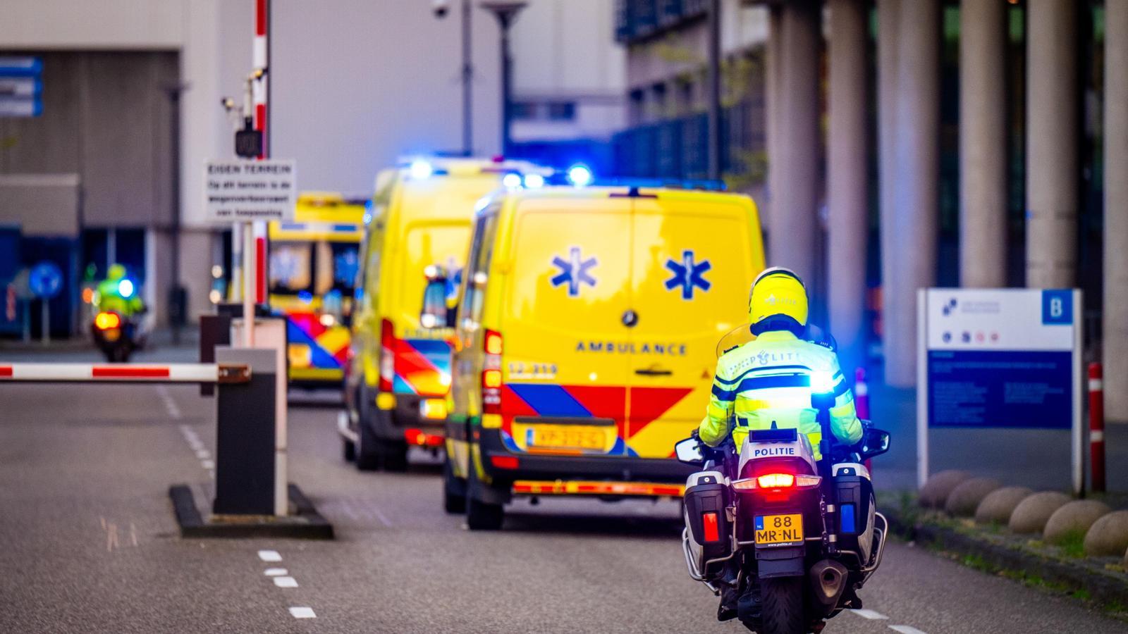 An ambulance carrying a patient from the cruise ship MV Hondius who could be infected with hantavirus arrives at Leiden University Medical Center (LUMC) in Leiden, Netherlands, on May 6, 2026.