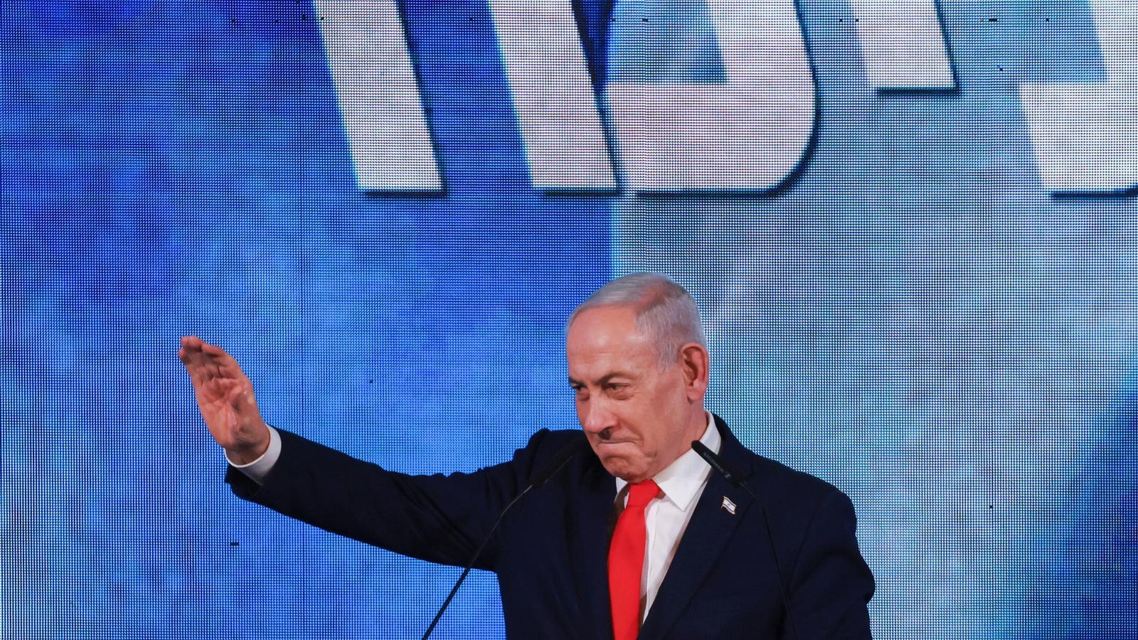 The Israeli prime minister and leader of the Likud party, Benjamin Netanyahu, during an appearance on election night.