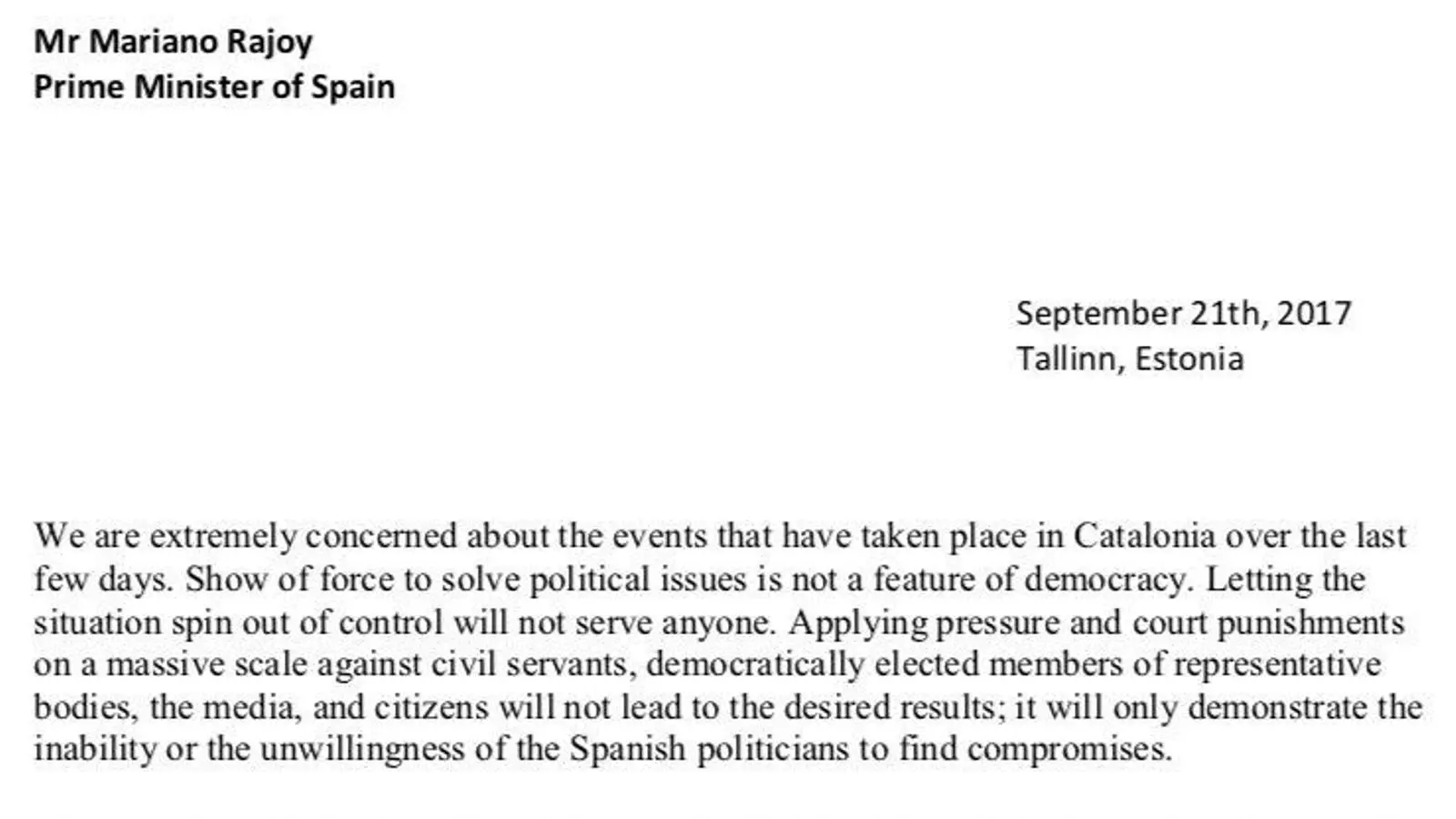 La carta que els diputats estonians han enviat a Mariano Rajoy.