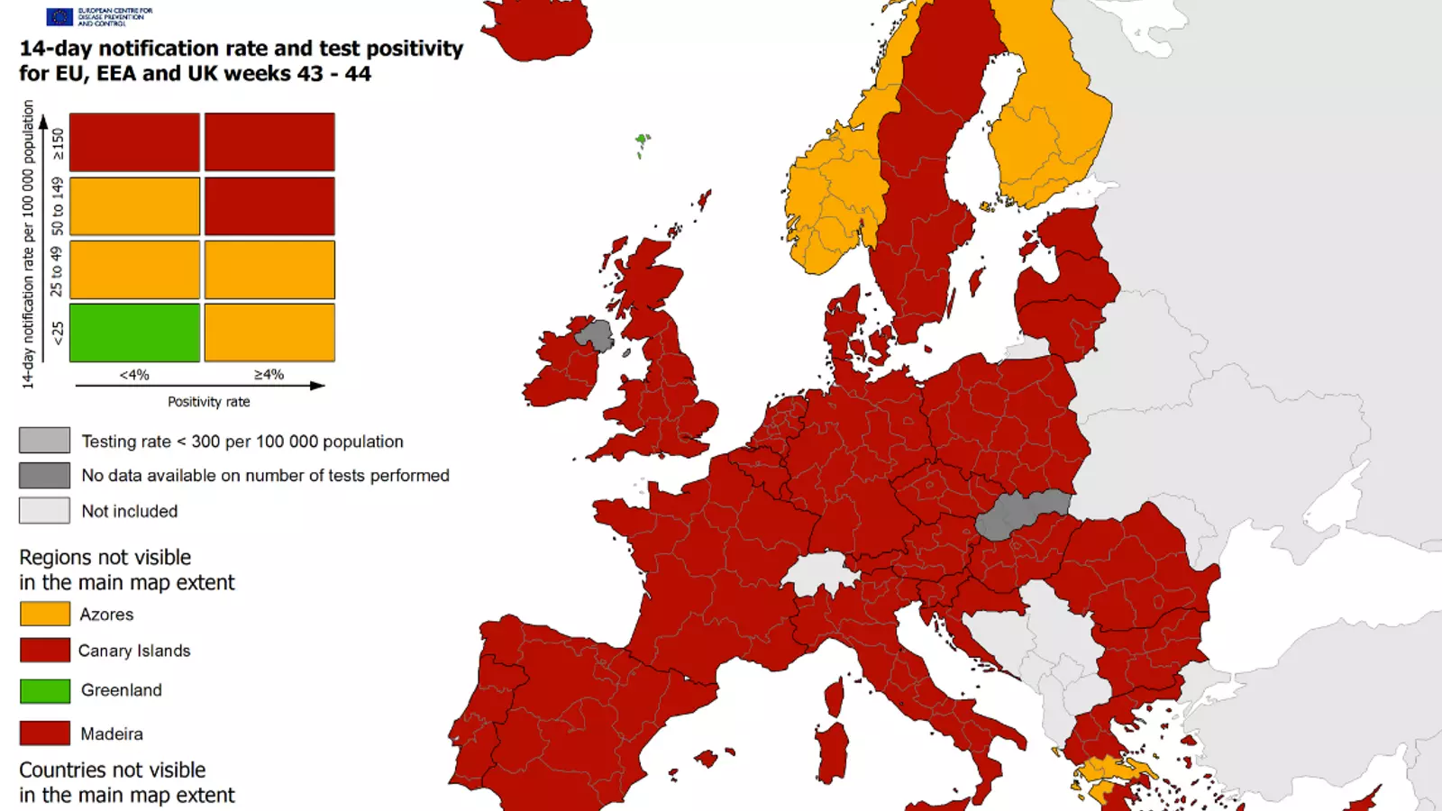 Mapa del contagi de coronavirus a Europa, segons les dades del Centre de Control i prevenció de Malalties