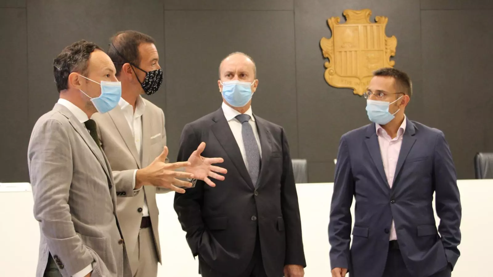 El cap de Govern, Xavier Espot, juntament amb els titulars d'Ordenament Territorial i Justícia, Jordi Torres i Josep Maria Rossell, i el secretari d'Estat de Justícia i Interior, Joan Antoni León, a les instal·lacions de la nova Seu de la Justícia