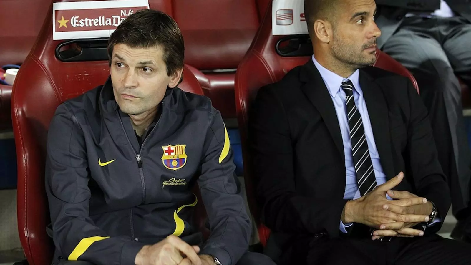 Tito Vilanova i Pep Guardiola a la banqueta del Vicente Calderón