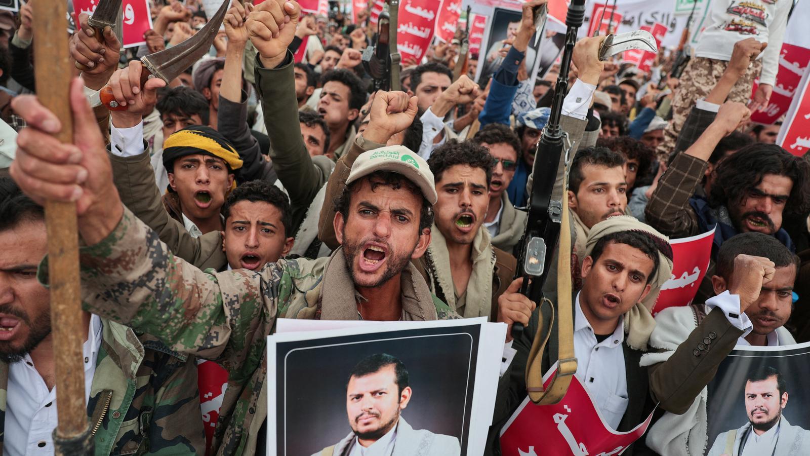 Supporters of the Houthis in a demonstration against restrictions by the Saudi-led coalition in areas controlled by the group, in Sanaa, on July 17.