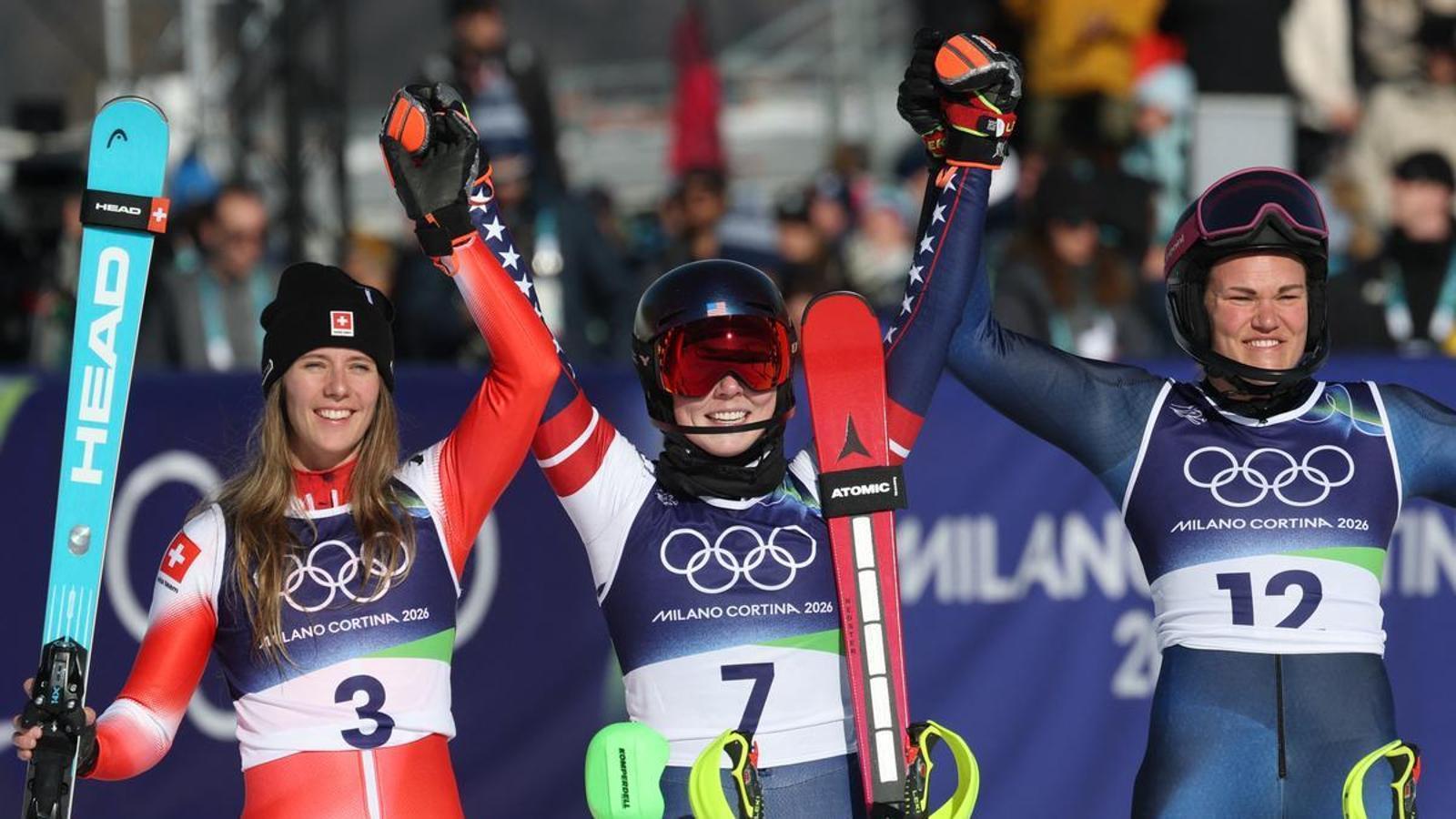 Anna Swenn Larsson, Mikaela Shiffrin y Camille Rast, el podio de la final de eslalon