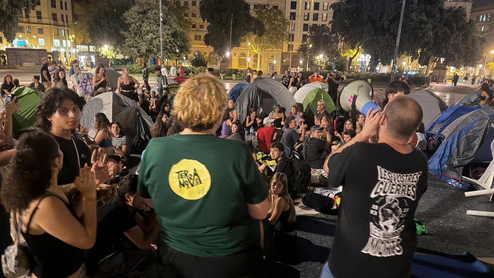 Assembly during a protest encampment at Plaça Catalunya in Barcelona against the housing crisis