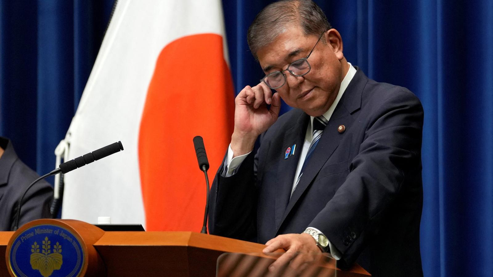Japanese Prime Minister Shigeru Ishiba during a press conference on Sunday to announce his resignation.
