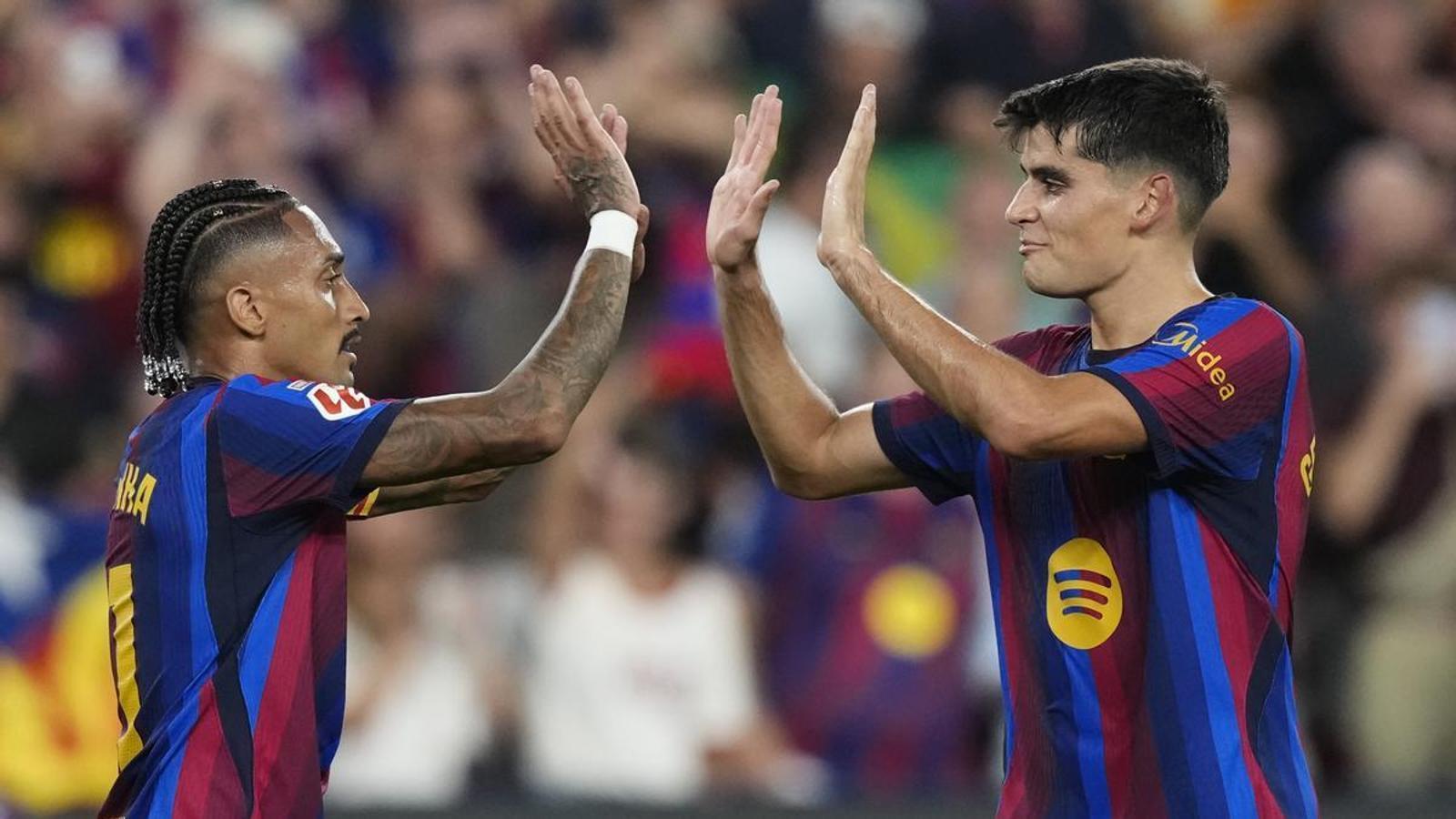 Raphinha, celebrating his goal against Athletic with Gerard Martin