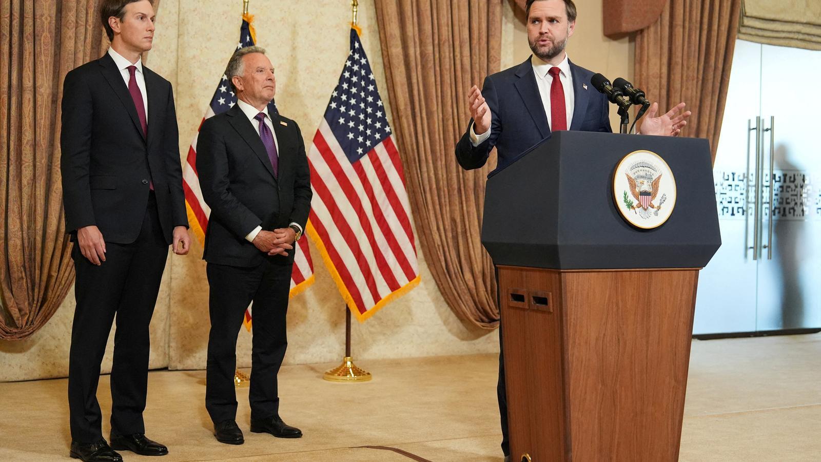 U.S. Vice President JD Vance speaks at a press conference after the first round of talks in Pakistan as Jared Kushner and Steve Witkoff listen, on April 12.